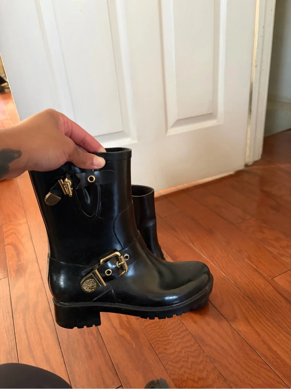 Vince Camuto Black Rain Boots with Gold Buckles